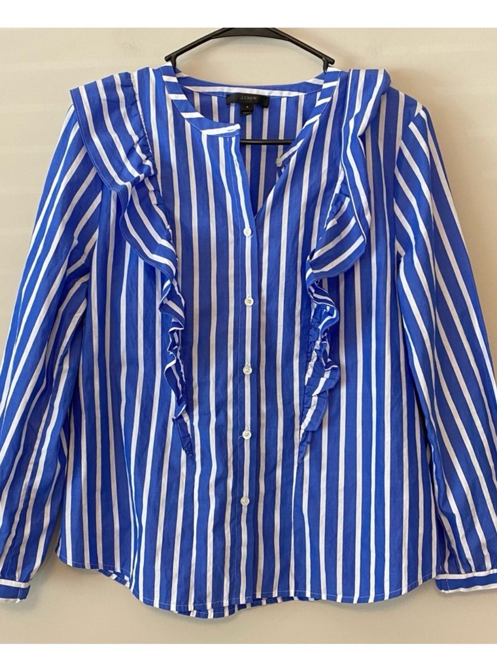 J. Crew Royal Blue & White Vertical Stripe Ruffle Blouse